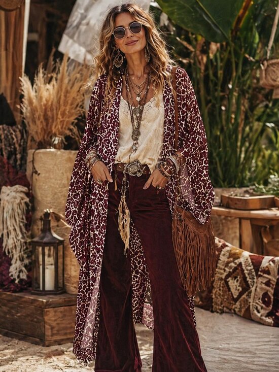 Jackets & Blazers - Leopard Print Duster Kimono Cardigan - Burgundy & Black